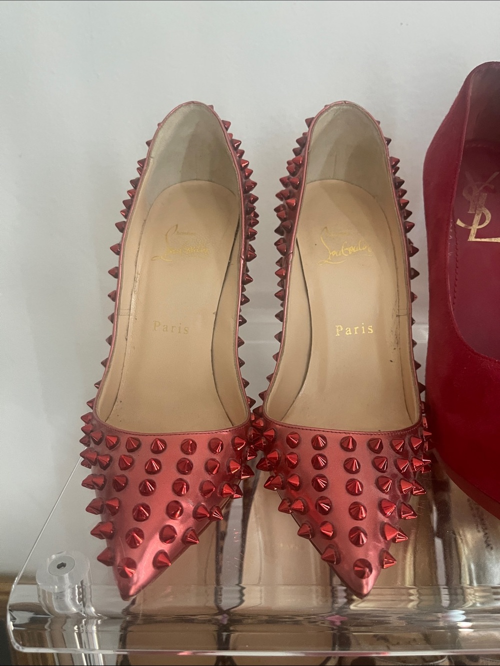 Christian Louboutin Metallic Red Studded Pointed-Toe Pumps
